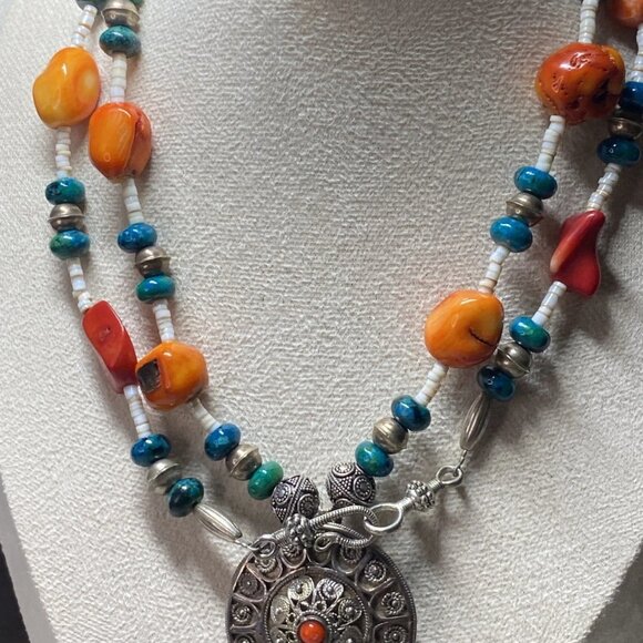 Vintage Yemenite Filigree 925 Silver Coral Turquoise Necklace 34” - Picture 5 of 16
